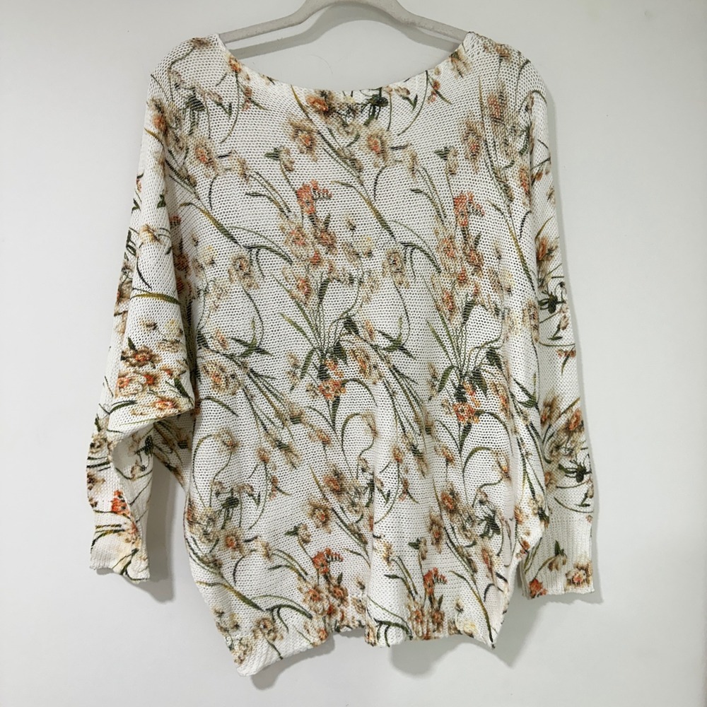 Collezioni Leonarda Floral Open Knit Sweater Womens M White Orange Italy